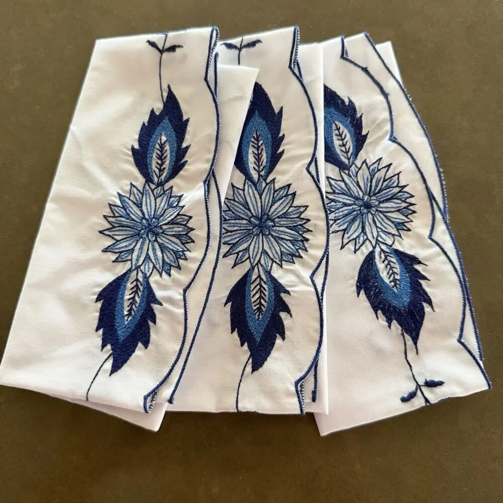 Three (3) Embroidered Placemats ~ Pure White w/Blue Floral “Vieux Luxembourg”